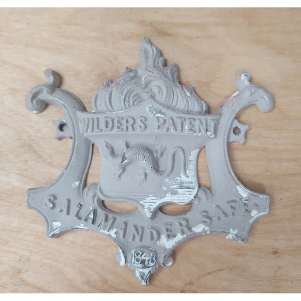 Antique Wrought Iron Safe Plaque WILDER'S PATENT SALAMANDER SAFE 1848 7